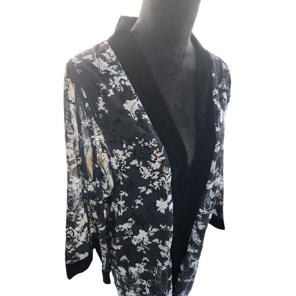 Alice Blue Sheer Long Swing Cut Cardigan Kimono With Velvet Trims Black Floral - Picture 3 of 5